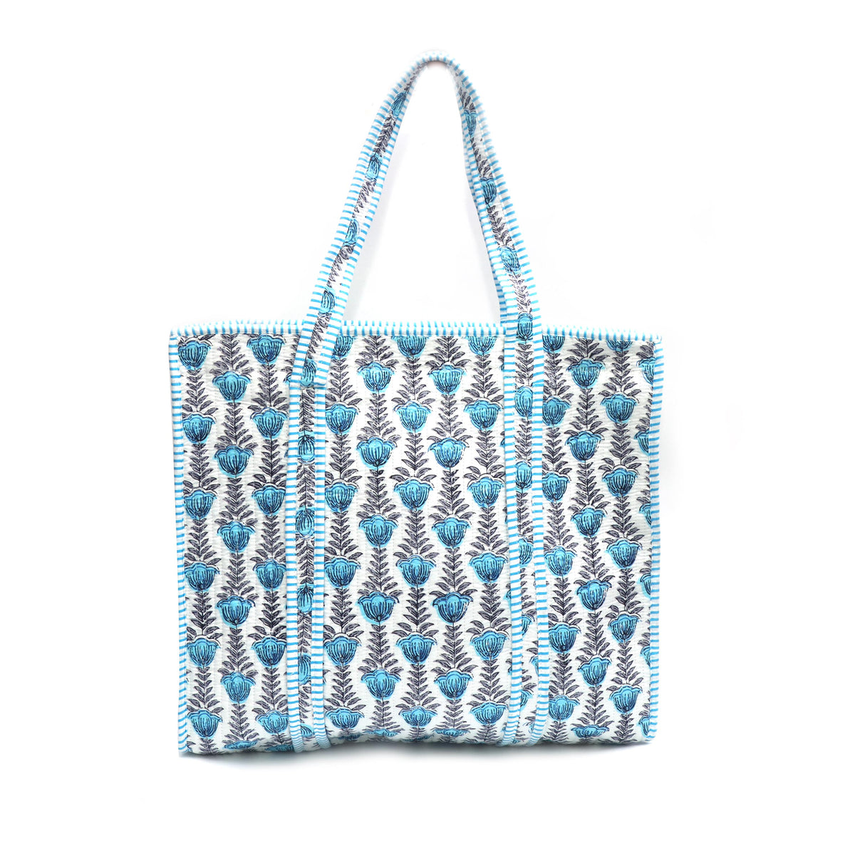 Blue Floral Quilted Tote Bag, Handmade Cotton Carryall, Block Print Shoulder Bag Large Reusable Market Tote Everyday Travel Bag Gift for Her