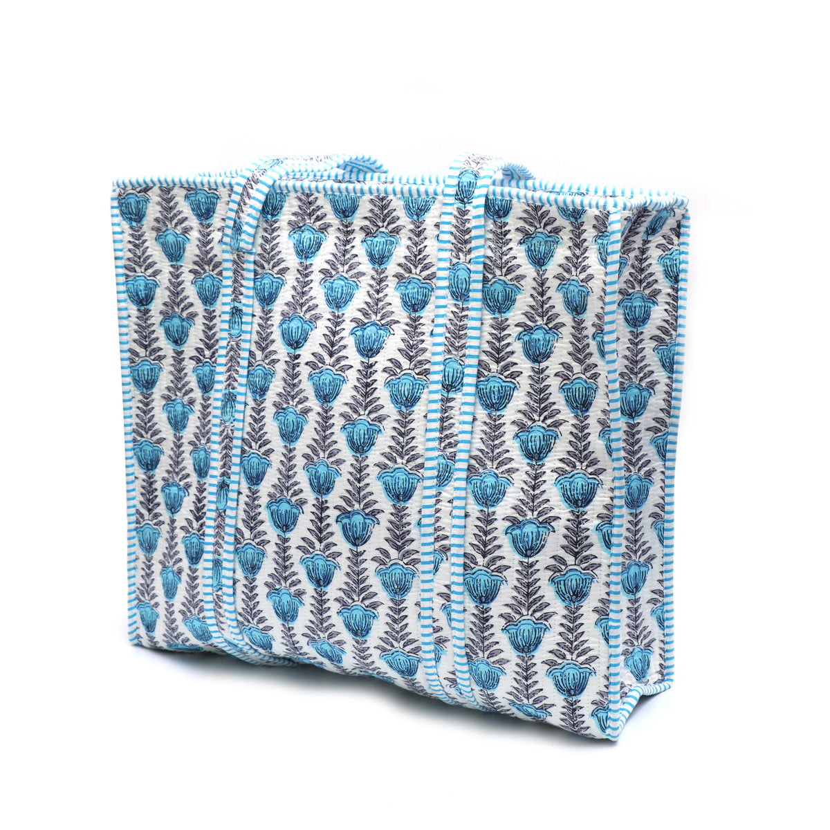 Blue Floral Quilted Tote Bag, Handmade Cotton Carryall, Block Print Shoulder Bag Large Reusable Market Tote Everyday Travel Bag Gift for Her