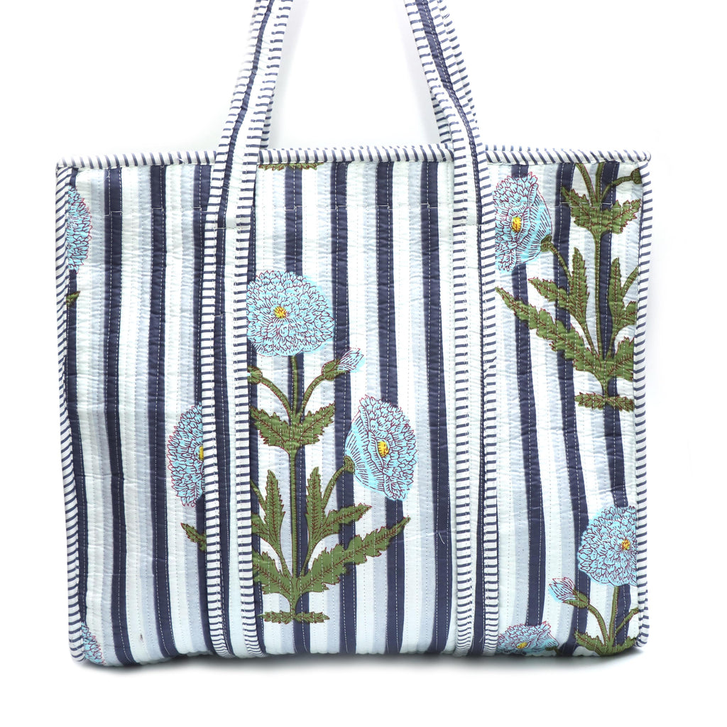 Striped Floral Quilted Tote Bag Handmade Cotton Carryall Blue White Block Print Shoulder Bag Large Reusable Market Tote Everyday Travel Bag