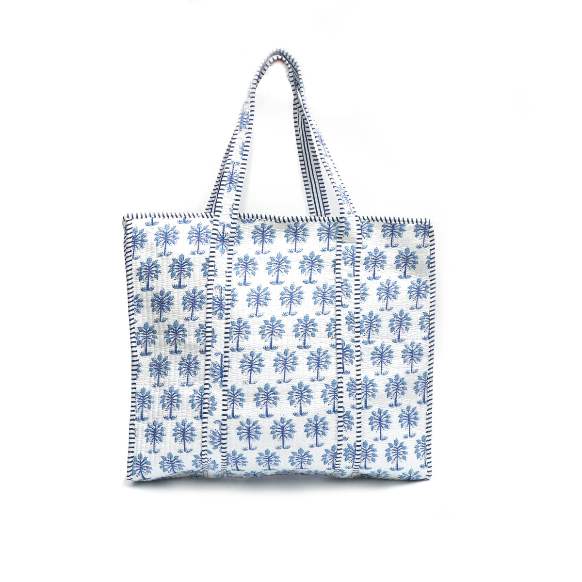 Quilted Cotton Tote Bag, Blue Palm Print Shoulder Bag, Lightweight Beach Tote, Reusable Shopping Bag, Handmade Fabric Quilted Cotton Bags