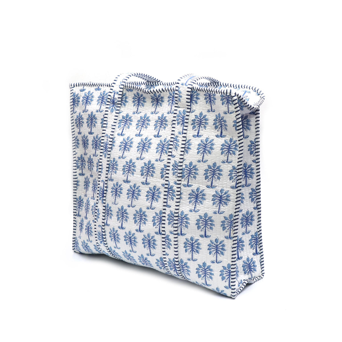 Quilted Cotton Tote Bag, Blue Palm Print Shoulder Bag, Lightweight Beach Tote, Reusable Shopping Bag, Handmade Fabric Quilted Cotton Bags