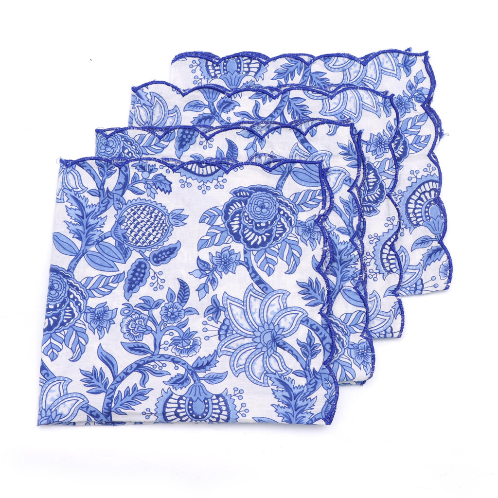 Designer Scalloped Napkin, Embroidered Trim Cotton Dinner Napkins Set, Blue Floral Cloth Napkins, Dinner Napkins, Scalloped Edge Napkins
