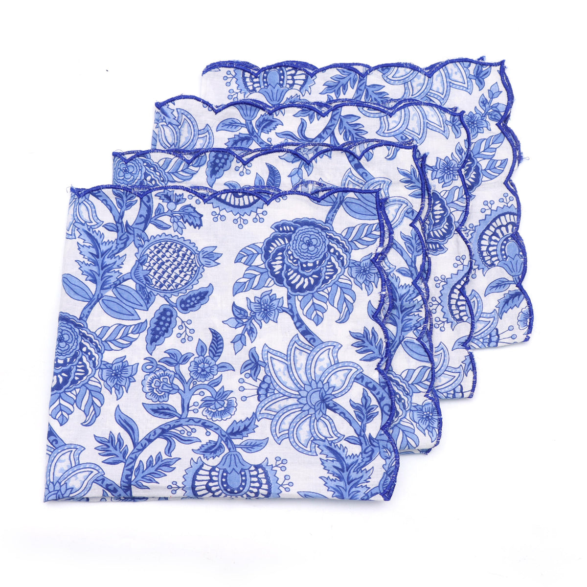 Designer Scalloped Napkin, Embroidered Trim Cotton Dinner Napkins Set, Blue Floral Cloth Napkins, Dinner Napkins, Scalloped Edge Napkins