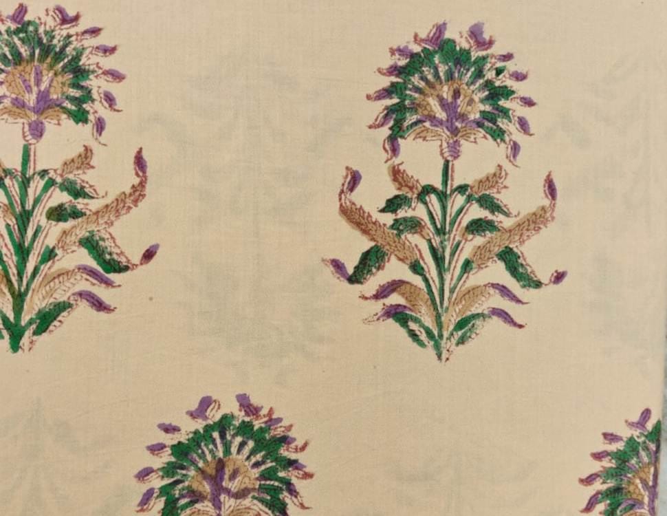 Beige Floral Cotton Fabric by Yard, Hand Block Print Fabric, Indian Cotton Fabric, Soft Lightweight Fabric for Dress Quilting Craft Sewing