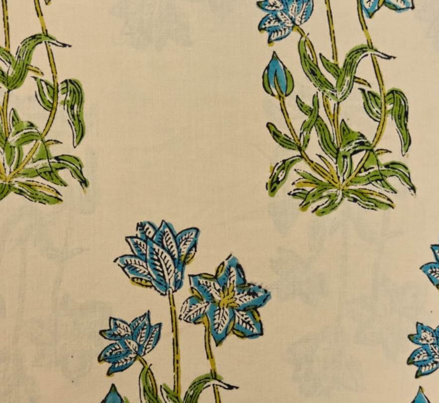Blue Floral Cotton Fabric by Yard, Indian Block Print Fabric, Beige Cotton Sewing Fabric, Lightweight Fabric for Dress Quilting Craft Decor