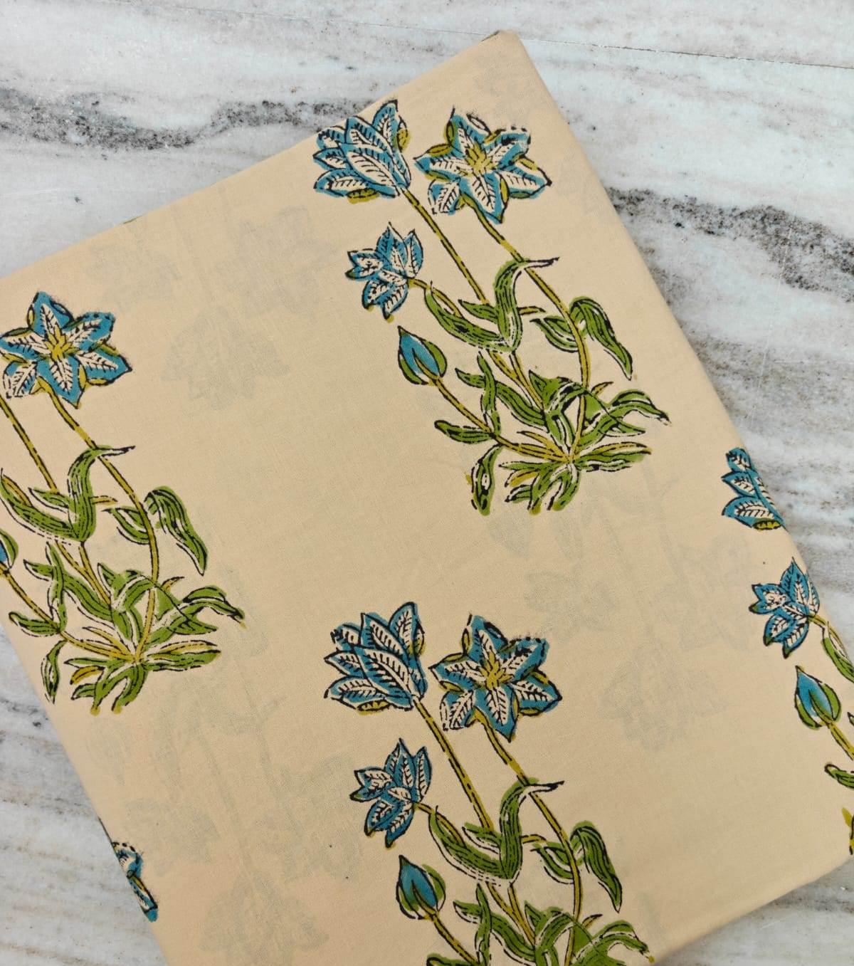 Blue Floral Cotton Fabric by Yard, Indian Block Print Fabric, Beige Cotton Sewing Fabric, Lightweight Fabric for Dress Quilting Craft Decor