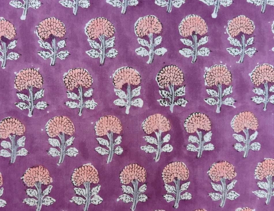 Hand Block Print Cotton Fabric, Purple Floral Indian Textile, Soft Sewing Material, Fabric by Yard, Pink Buti Print Fabric For Dress Making