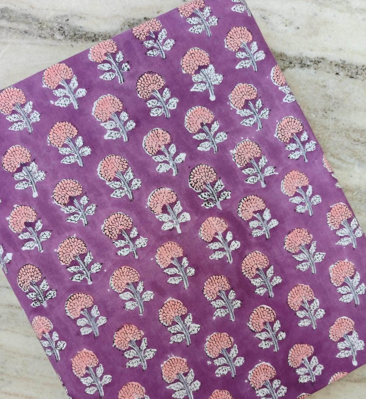 Hand Block Print Cotton Fabric, Purple Floral Indian Textile, Soft Sewing Material, Fabric by Yard, Pink Buti Print Fabric For Dress Making
