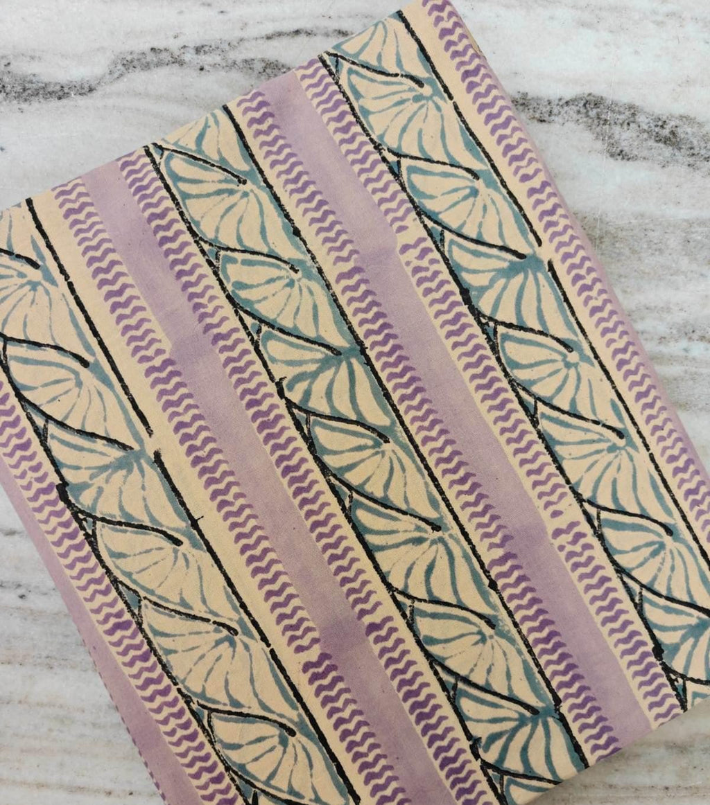 Hand Block Print Cotton Fabric by Yard, Leaf Stripe Indian Cotton Fabric, Lavender Blue Botanical Fabric, Soft Cotton Fabric Home Decor