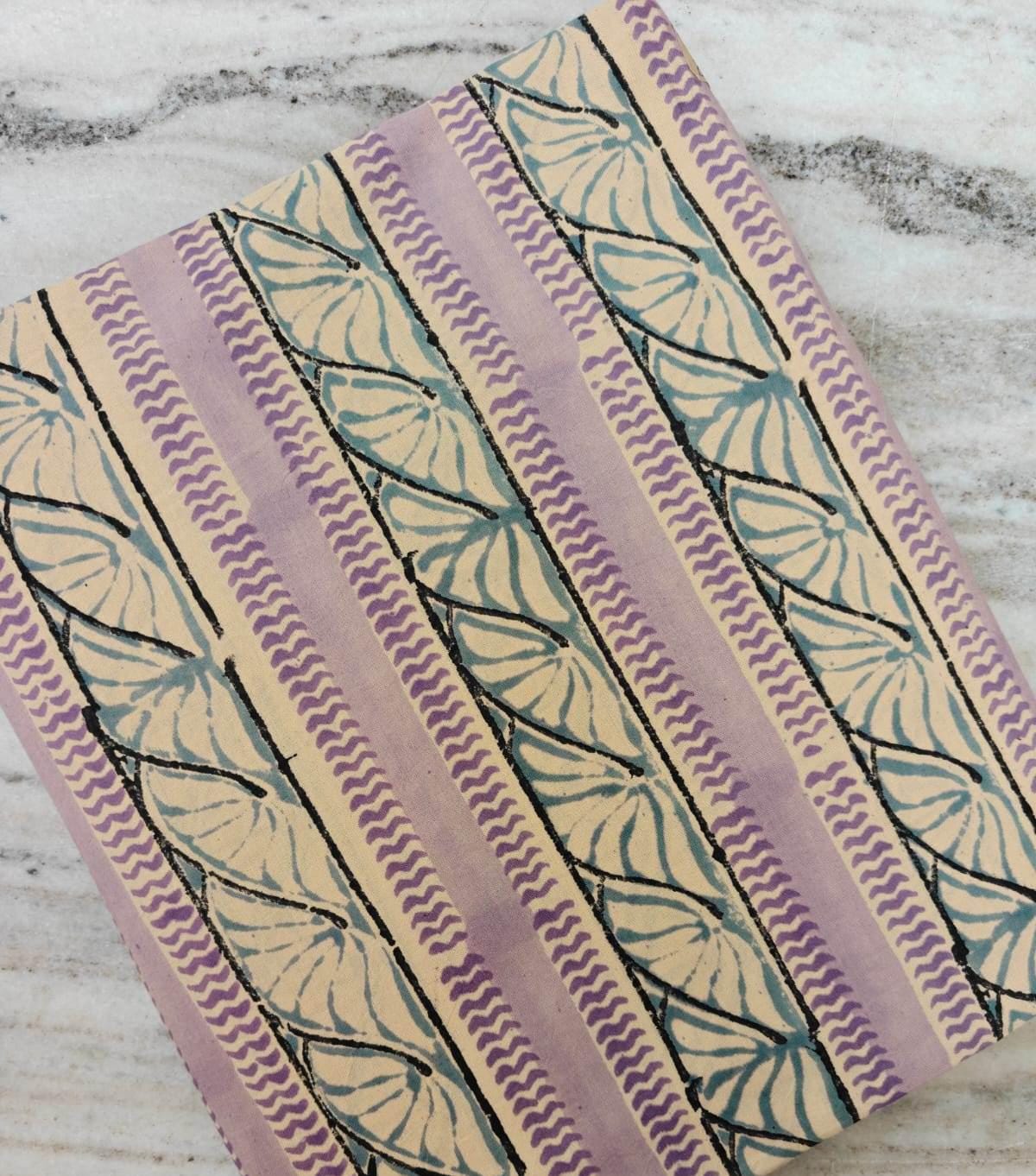 Hand Block Print Cotton Fabric by Yard, Leaf Stripe Indian Cotton Fabric, Lavender Blue Botanical Fabric, Soft Cotton Fabric Home Decor