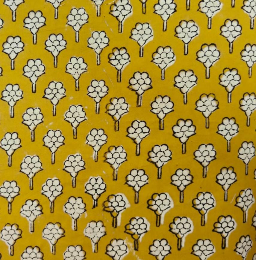 Mustard Yellow Hand Block Print Cotton Fabric by Yard, Floral Buti Indian Cotton Fabric, Jaipur Boho Fabric for Sewing Quilting Decor