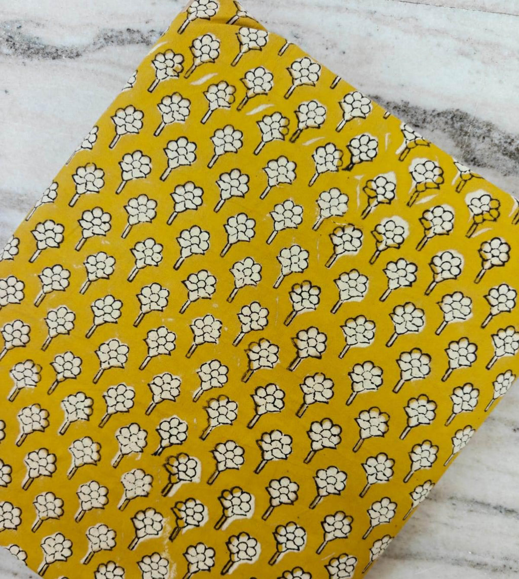 Mustard Yellow Hand Block Print Cotton Fabric by Yard, Floral Buti Indian Cotton Fabric, Jaipur Boho Fabric for Sewing Quilting Decor