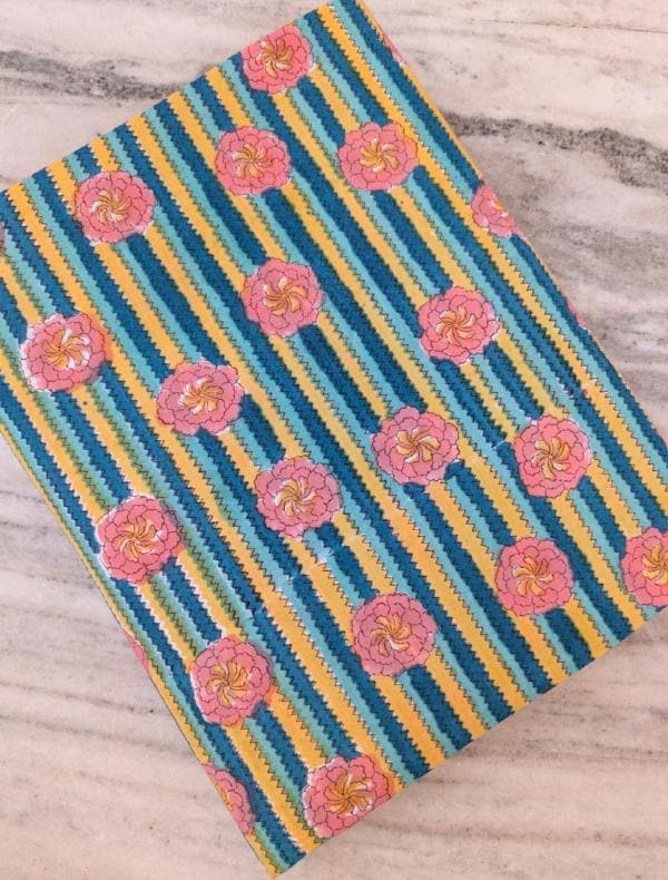 Floral Stripe Cotton Fabric Pink Flower Print on Blue Yellow Stripes Retro Style Quilting Fabric Vintage Inspired Cotton Fabric by the Yard