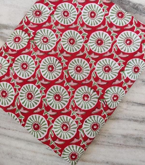 Red Floral Cotton Fabric, Hand Block Print Fabric, Indian Cotton Textile, Green White Flower Pattern, Sewing Craft Fabric, By the Yard