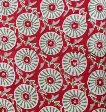 Red Floral Cotton Fabric, Hand Block Print Fabric, Indian Cotton Textile, Green White Flower Pattern, Sewing Craft Fabric, By the Yard