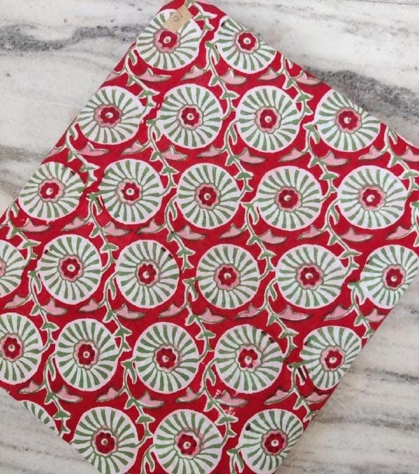 Red Floral Cotton Fabric, Hand Block Print Fabric, Indian Cotton Textile, Green White Flower Pattern, Sewing Craft Fabric, By the Yard