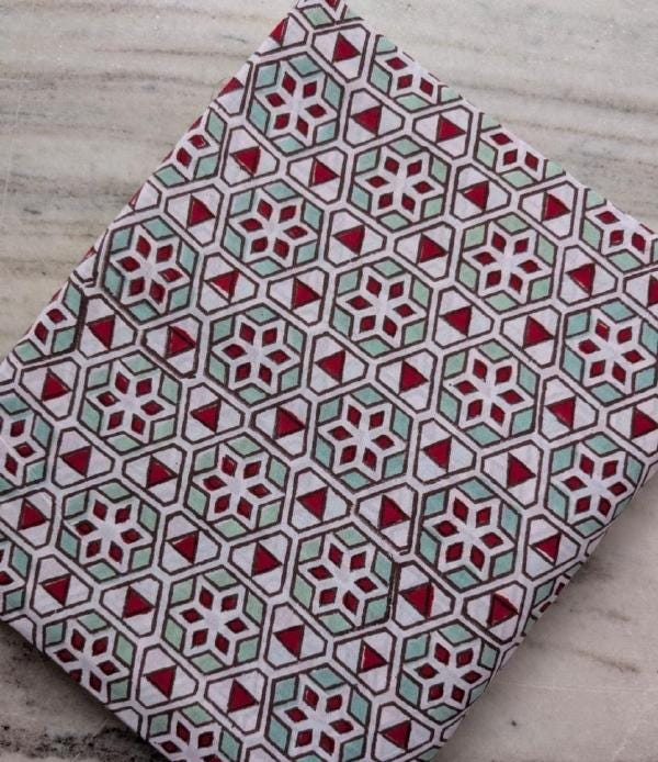 Geometric Cotton Fabric, Hexagon Block Print Fabric, Red Mint White Pattern, Indian Cotton Textile, Quilting Sewing Craft Fabric By the Yard