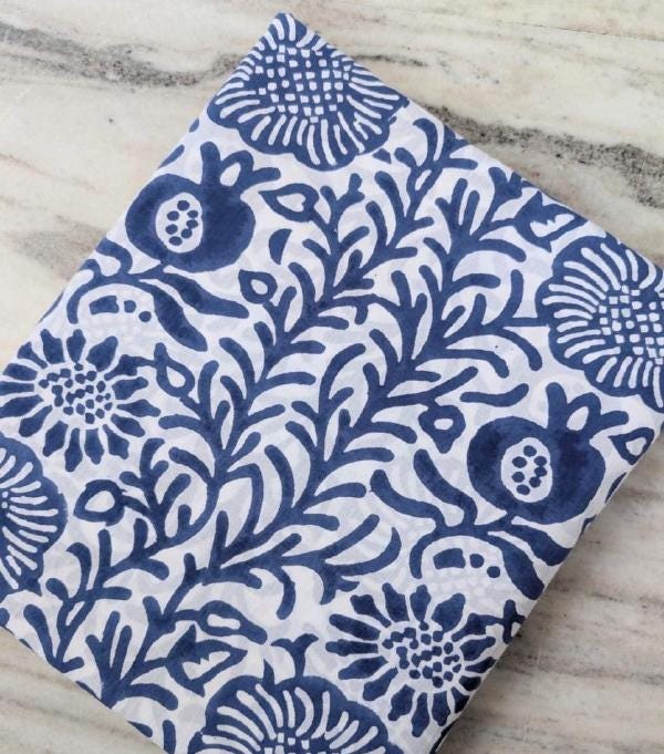 Blue Floral Cotton Fabric, Indigo Block Print Fabric, Hand Printed Indian Cotton, Botanical Vine Pattern, Sewing Craft Fabric, By the Yard
