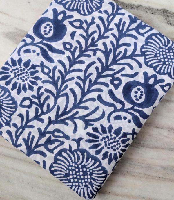 Blue Floral Cotton Fabric, Indigo Block Print Fabric, Hand Printed Indian Cotton, Botanical Vine Pattern, Sewing Craft Fabric, By the Yard
