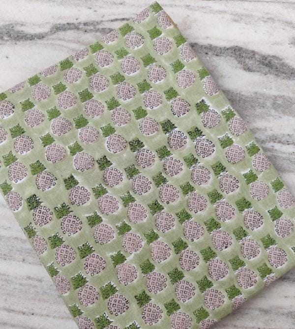 Green Pineapple Print Cotton Fabric, Hand Block Print Fabric, Tropical Fruit Fabric, Indian Cotton Yardage, Quilting Sewing Craft Fabric
