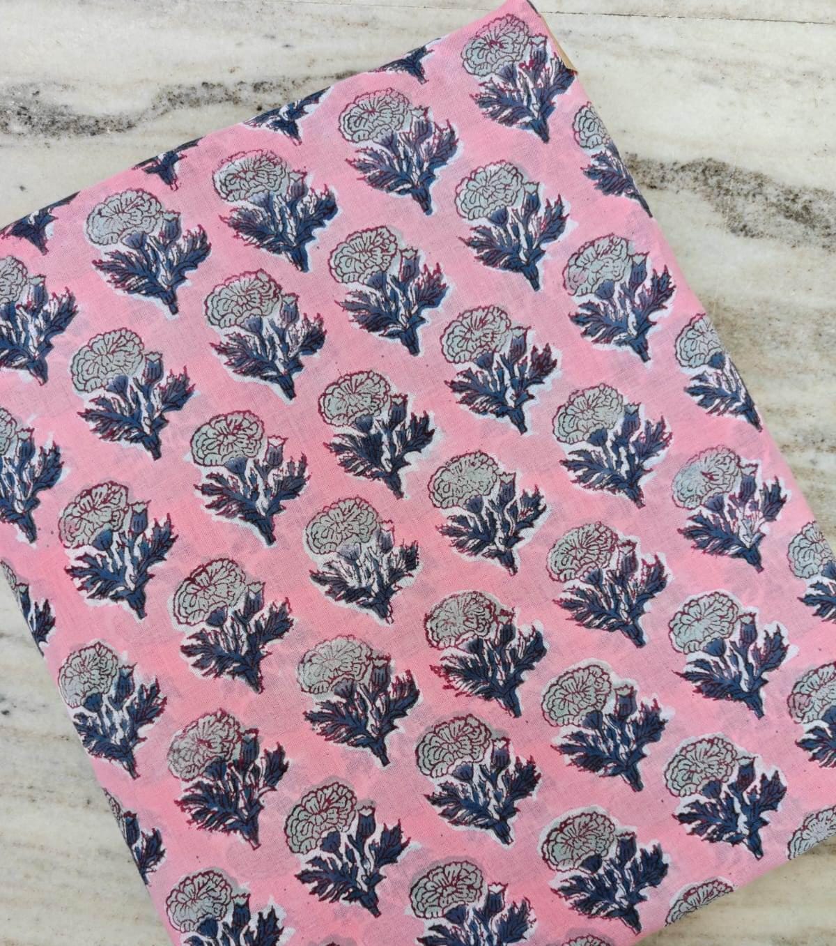 Pink Floral Cotton Fabric, Hand Block Print Fabric, Indian Cotton Textile, Blue White Botanical Fabric, Quilting Sewing Craft Fabric by Yard