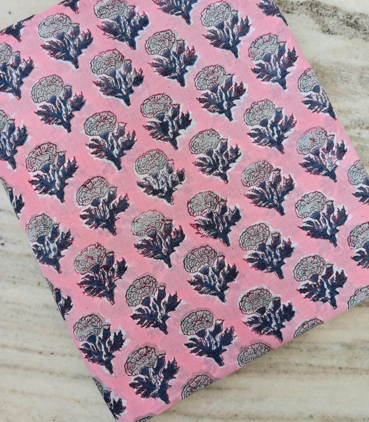 Pink Floral Cotton Fabric, Hand Block Print Fabric, Indian Cotton Textile, Blue White Botanical Fabric, Quilting Sewing Craft Fabric by Yard