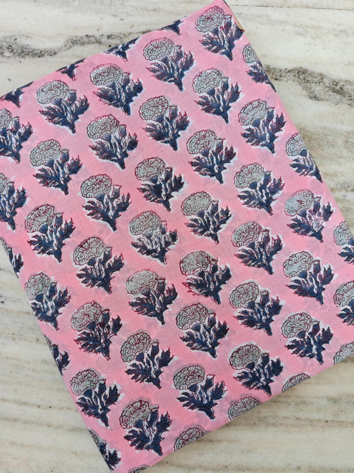 Pink Floral Cotton Fabric, Hand Block Print Fabric, Indian Cotton Textile, Blue White Botanical Fabric, Quilting Sewing Craft Fabric by Yard