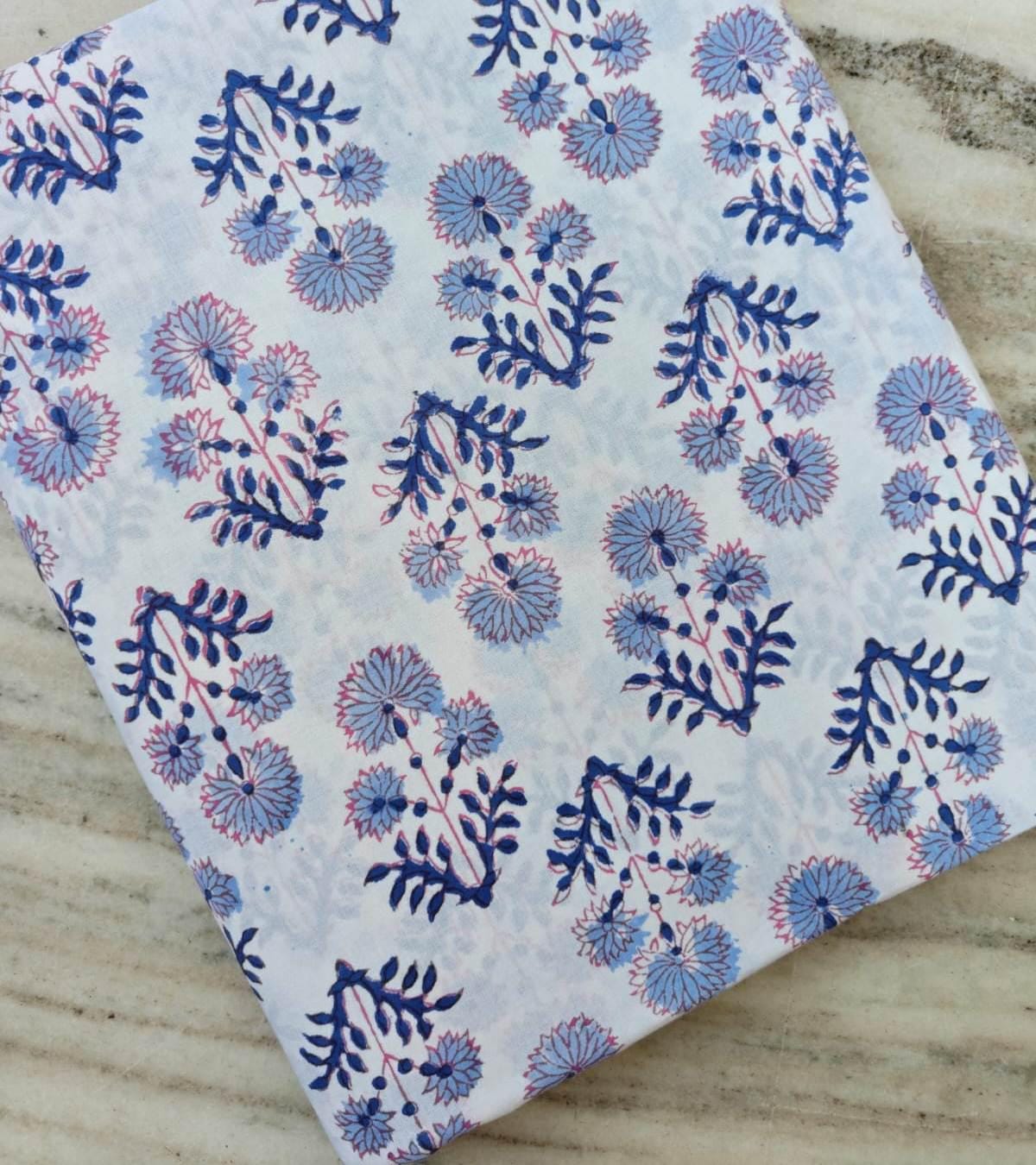 Blue and Pink Color Indian Hand Block Print Fabric, Floral 100% Cotton Quilting Fabric By The Yard, Dressmaking Fabric, Loose Fabric, Napkin