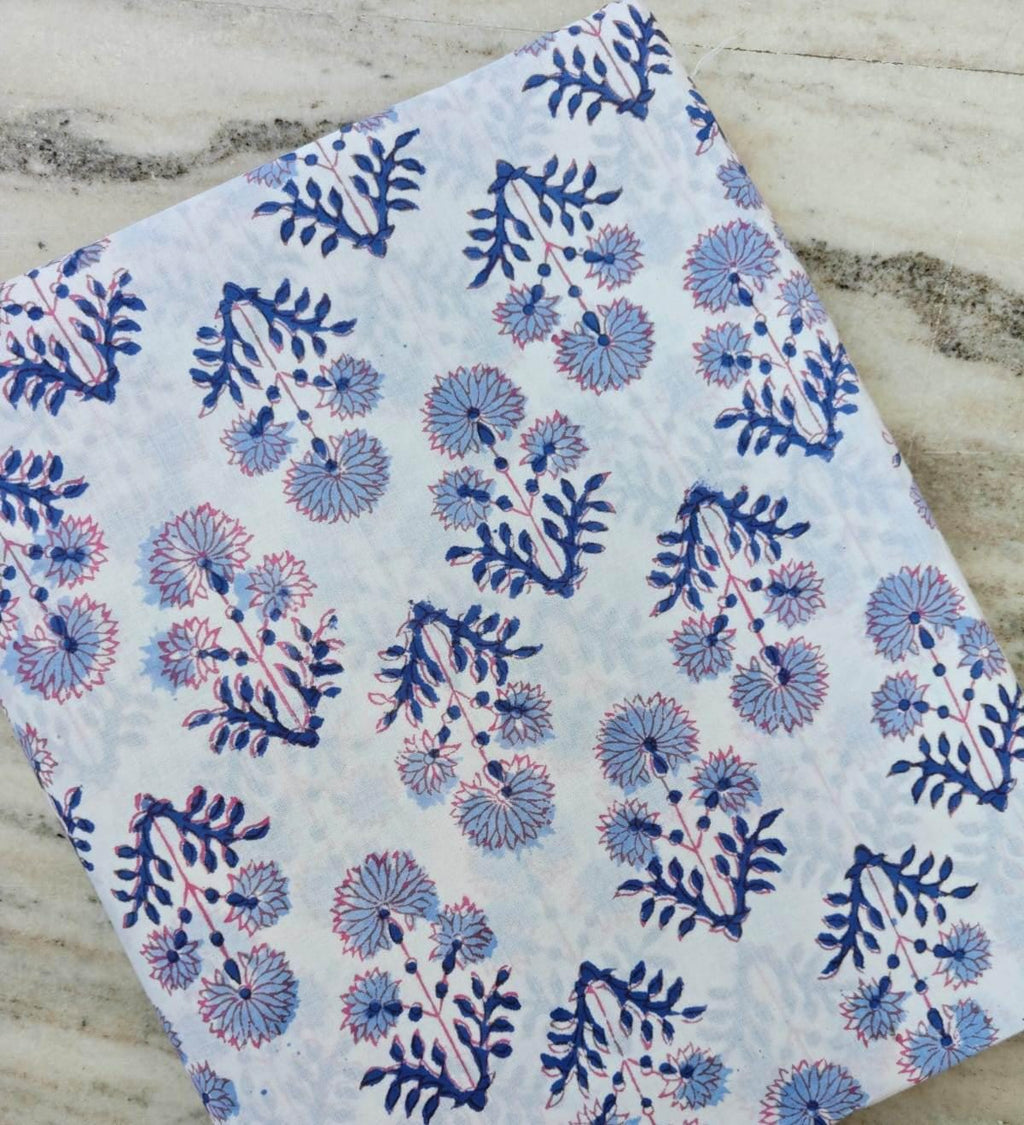 Blue and Pink Color Indian Hand Block Print Fabric, Floral 100% Cotton Quilting Fabric By The Yard, Dressmaking Fabric, Loose Fabric, Napkin