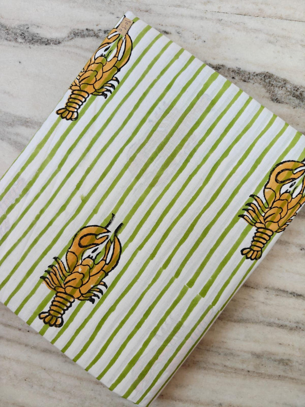 Mustard Yellow Stripe Lobster Cotton Fabric | White, Green Nautical Seafood Print Fabric by the Yard | Coastal Summer Sewing Craft Fabric