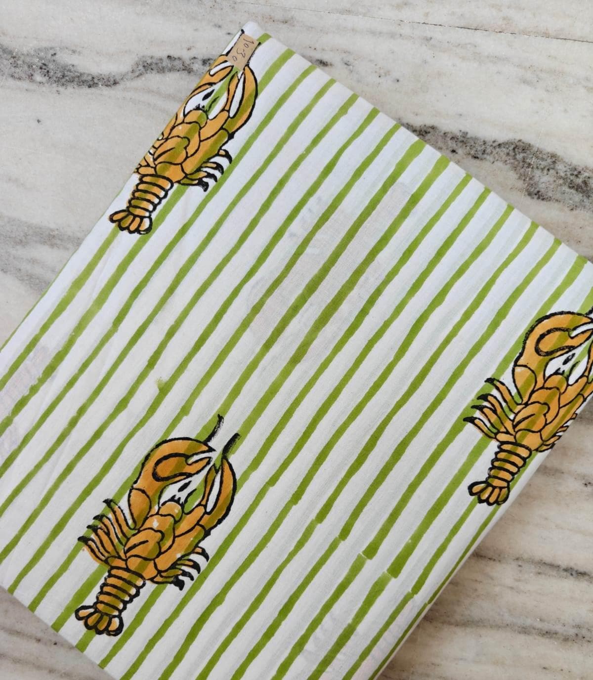 Mustard Yellow Stripe Lobster Cotton Fabric | White, Green Nautical Seafood Print Fabric by the Yard | Coastal Summer Sewing Craft Fabric