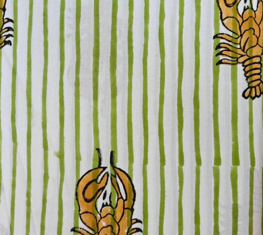 Mustard Yellow Stripe Lobster Cotton Fabric | White, Green Nautical Seafood Print Fabric by the Yard | Coastal Summer Sewing Craft Fabric