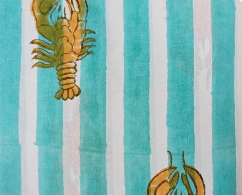 Aqua White Stripe Lobster Cotton Fabric, Nautical Seafood Print Fabric by the Yard, Coastal Summer Sewing Craft Fabric, Dress Making Fabric
