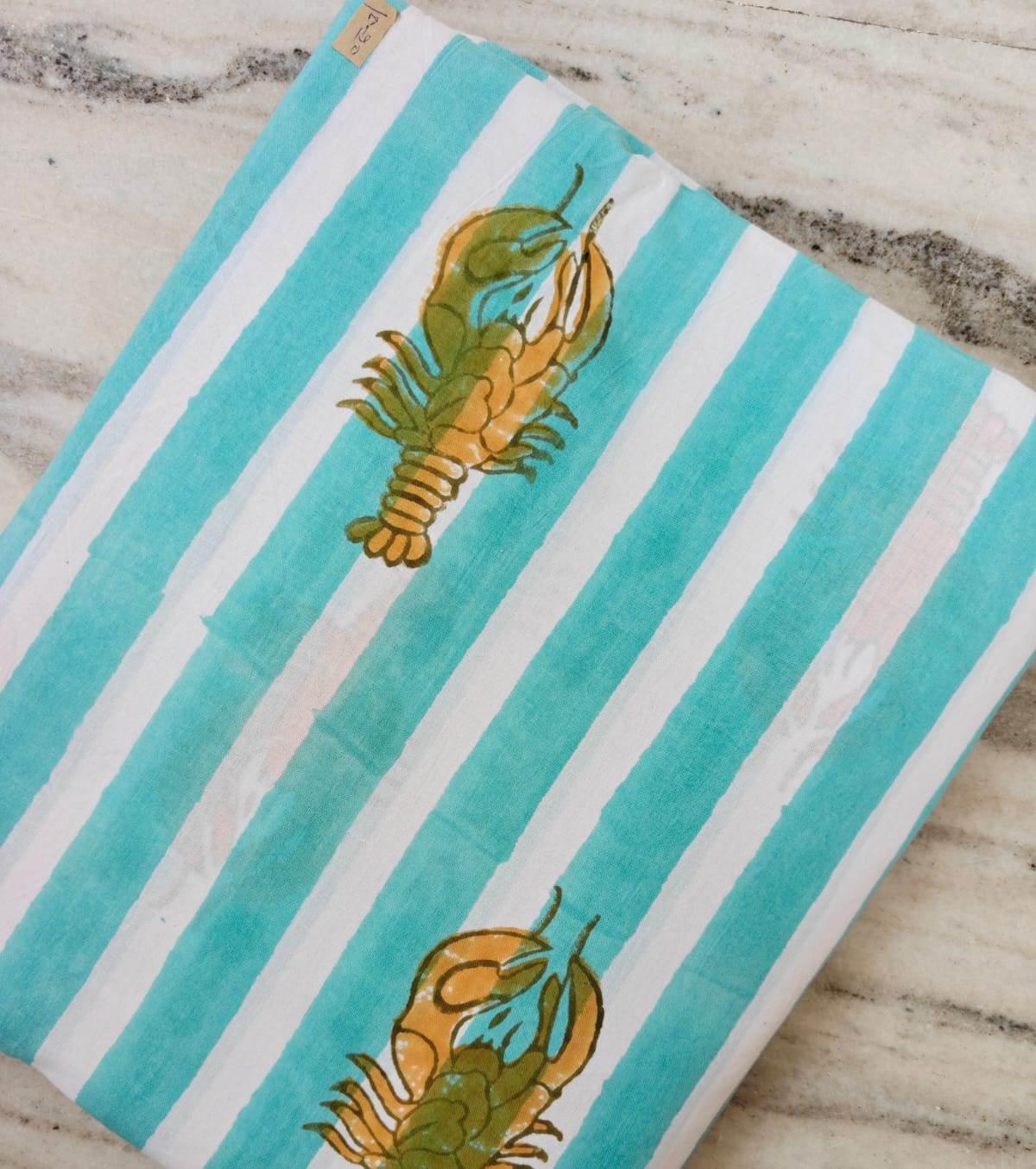 Aqua White Stripe Lobster Cotton Fabric, Nautical Seafood Print Fabric by the Yard, Coastal Summer Sewing Craft Fabric, Dress Making Fabric