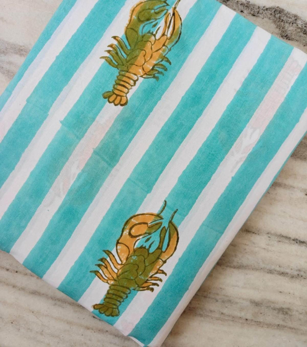 Aqua White Stripe Lobster Cotton Fabric, Nautical Seafood Print Fabric by the Yard, Coastal Summer Sewing Craft Fabric, Dress Making Fabric