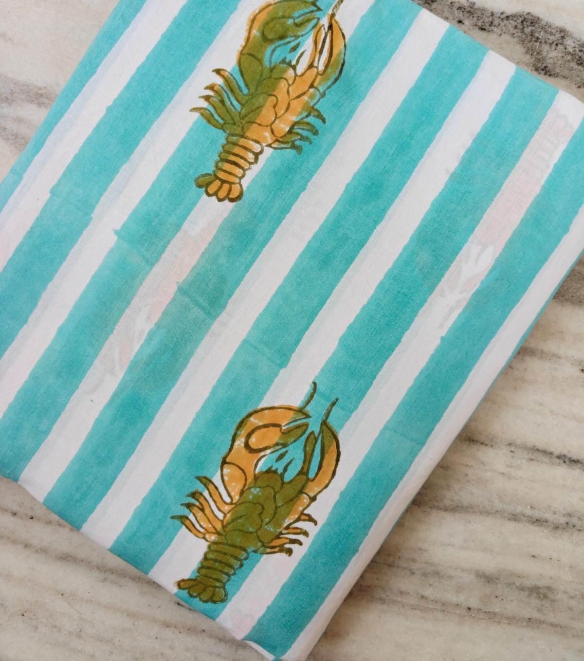 Aqua White Stripe Lobster Cotton Fabric, Nautical Seafood Print Fabric by the Yard, Coastal Summer Sewing Craft Fabric, Dress Making Fabric