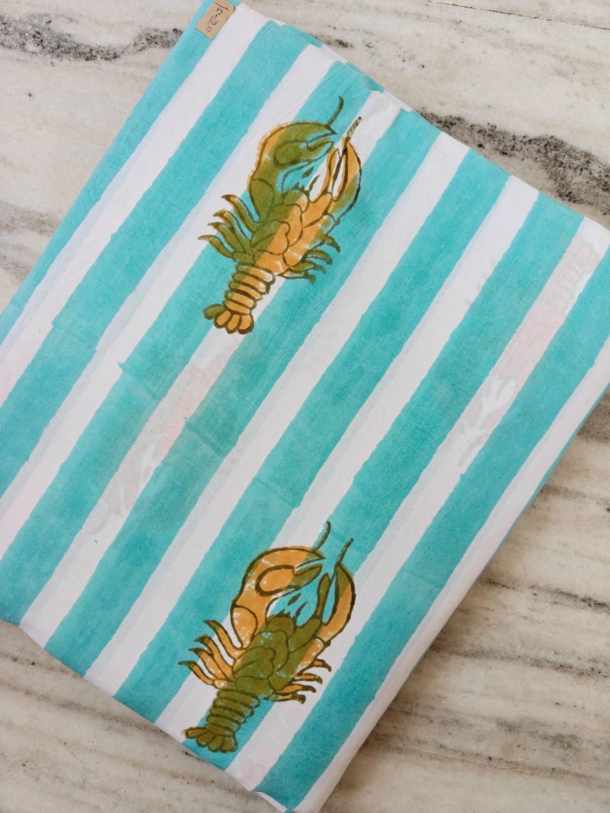 Aqua White Stripe Lobster Cotton Fabric, Nautical Seafood Print Fabric by the Yard, Coastal Summer Sewing Craft Fabric, Dress Making Fabric
