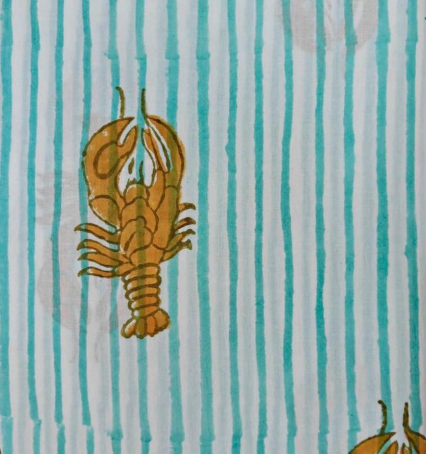 Lobster Stripe Cotton Fabric by the Yard, Aqua White Nautical Coastal Fabric for Quilting, Sewing & Beach House Decor, Dress Making Fabric