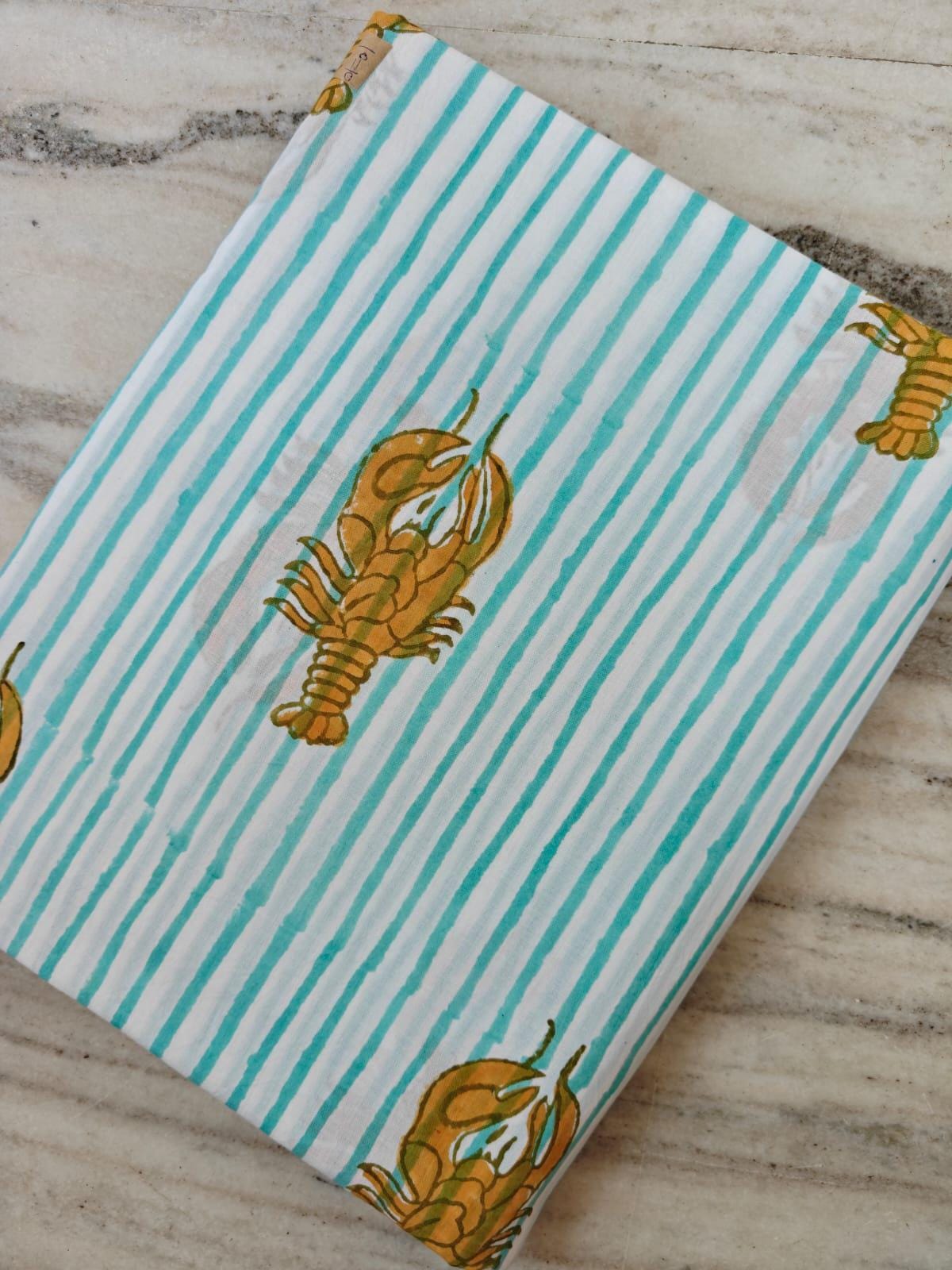 Lobster Stripe Cotton Fabric by the Yard, Aqua White Nautical Coastal Fabric for Quilting, Sewing & Beach House Decor, Dress Making Fabric