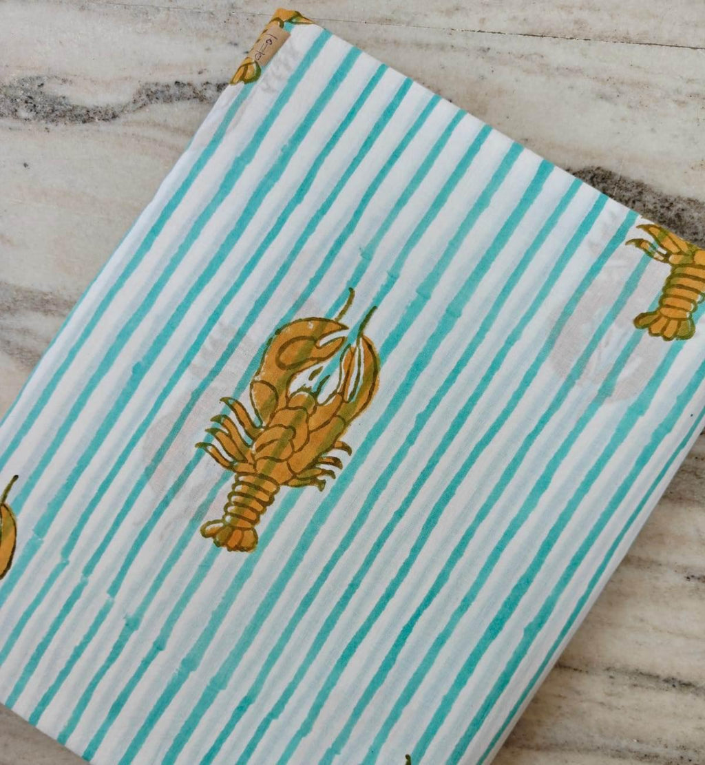 Lobster Stripe Cotton Fabric by the Yard, Aqua White Nautical Coastal Fabric for Quilting, Sewing & Beach House Decor, Dress Making Fabric