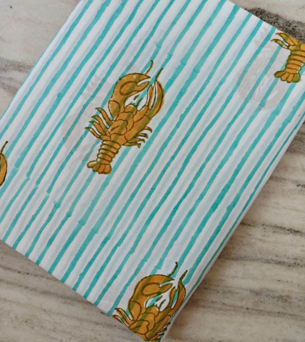 Lobster Stripe Cotton Fabric by the Yard, Aqua White Nautical Coastal Fabric for Quilting, Sewing & Beach House Decor, Dress Making Fabric