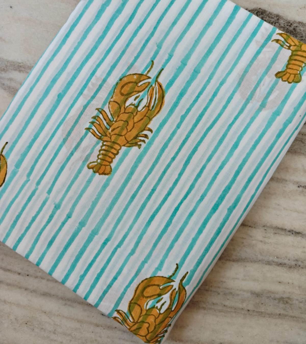 Lobster Stripe Cotton Fabric by the Yard, Aqua White Nautical Coastal Fabric for Quilting, Sewing & Beach House Decor, Dress Making Fabric