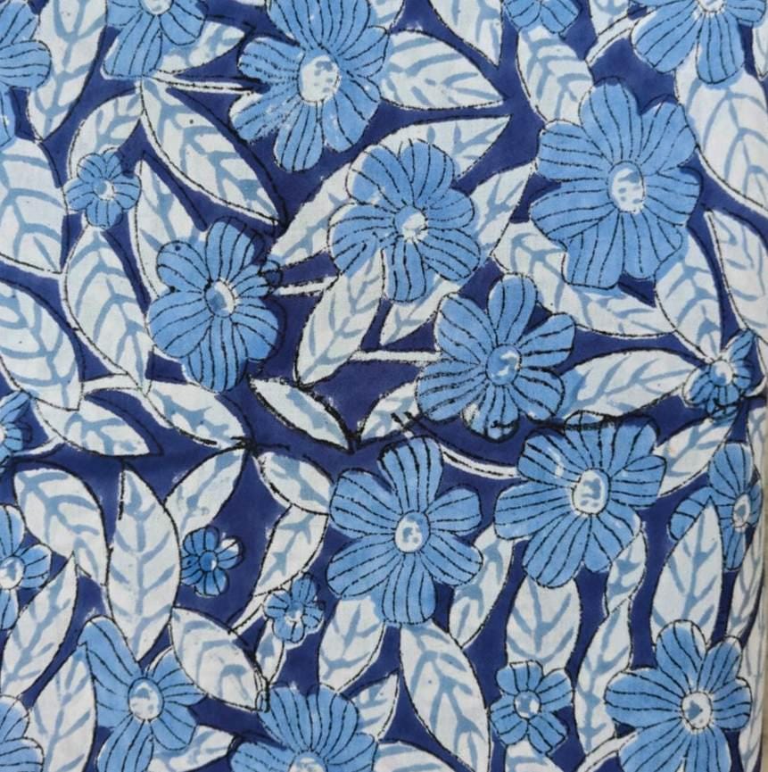 Blue Floral Cotton Fabric by Yard Hand Block Print Fabric Indian Cotton Fabric Flower Print Fabric for Sewing Quilting Dresses Craft Fabric