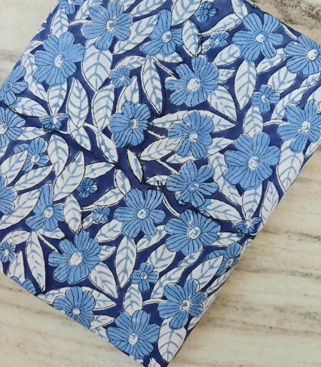 Blue Floral Cotton Fabric by Yard Hand Block Print Fabric Indian Cotton Fabric Flower Print Fabric for Sewing Quilting Dresses Craft Fabric