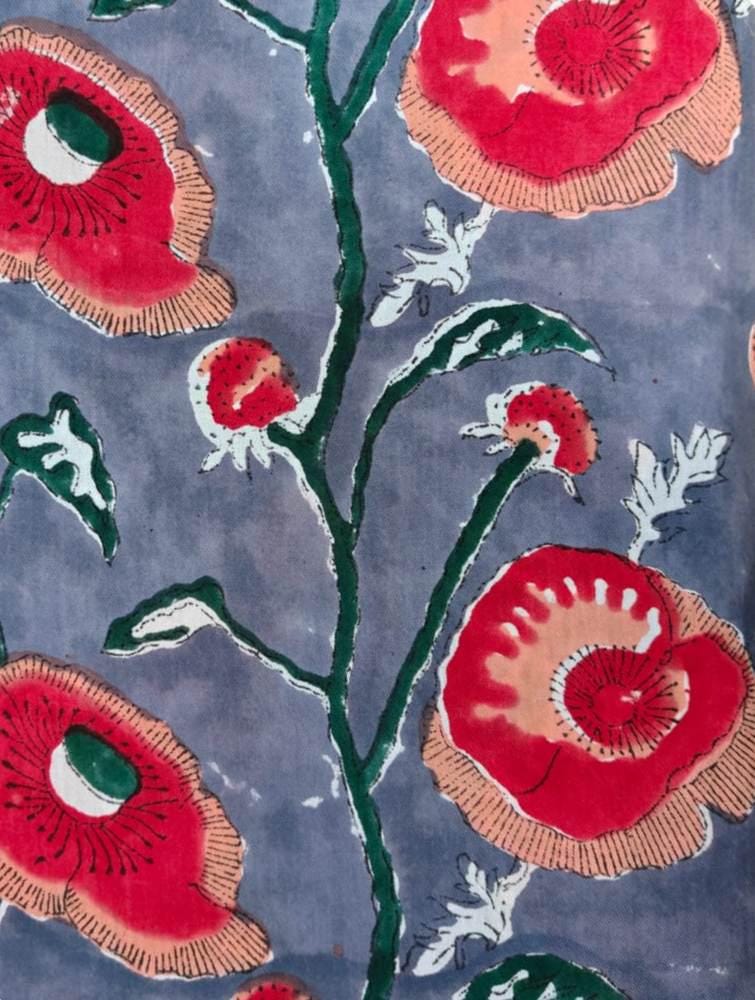 Grey Floral Cotton Fabric by Yard, Hand Block Print Fabric, Red Flower Cotton Fabric, Indian Floral Fabric for Sewing Quilting Dressmaking