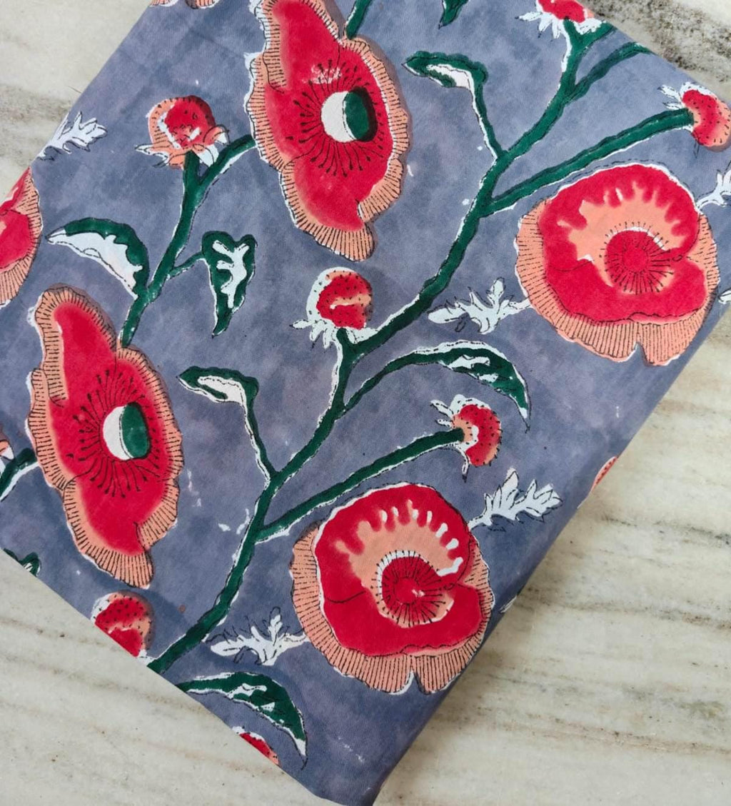 Grey Floral Cotton Fabric by Yard, Hand Block Print Fabric, Red Flower Cotton Fabric, Indian Floral Fabric for Sewing Quilting Dressmaking