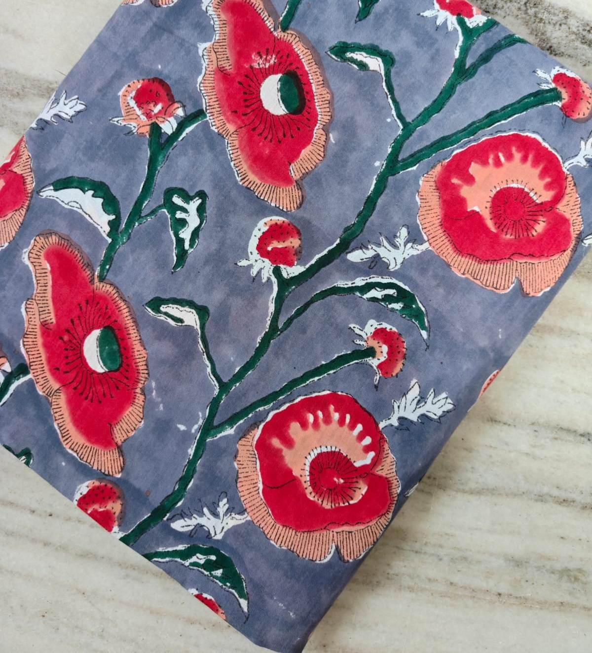 Grey Floral Cotton Fabric by Yard, Hand Block Print Fabric, Red Flower Cotton Fabric, Indian Floral Fabric for Sewing Quilting Dressmaking