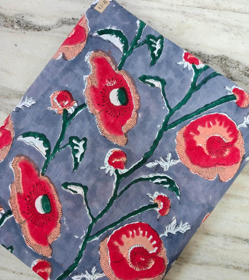 Grey Floral Cotton Fabric by Yard, Hand Block Print Fabric, Red Flower Cotton Fabric, Indian Floral Fabric for Sewing Quilting Dressmaking
