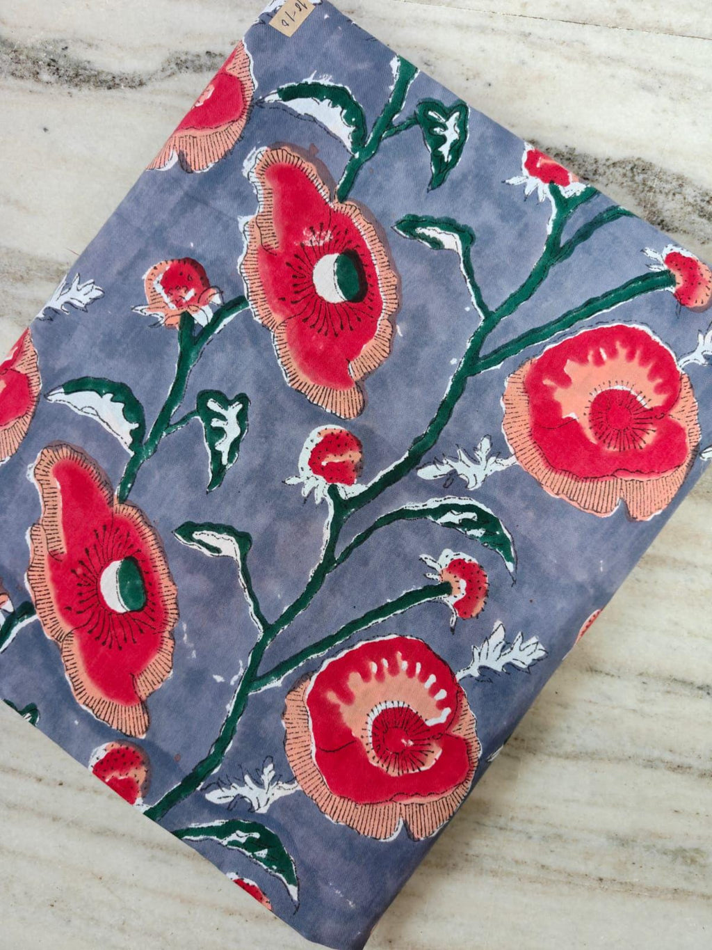 Grey Floral Cotton Fabric by Yard, Hand Block Print Fabric, Red Flower Cotton Fabric, Indian Floral Fabric for Sewing Quilting Dressmaking