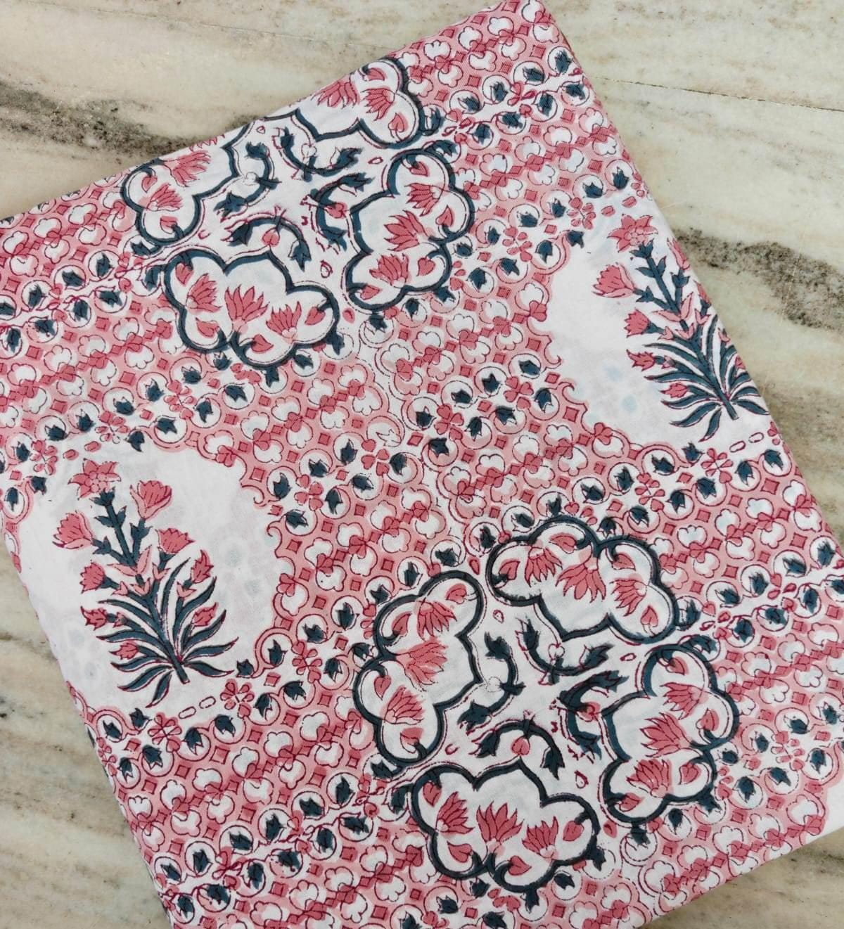 Hand Block Print Cotton Fabric by The Yard, Pink Floral Indian Cotton Fabric, Soft Lightweight Sewing Fabric for Dresses Making Loose Fabric